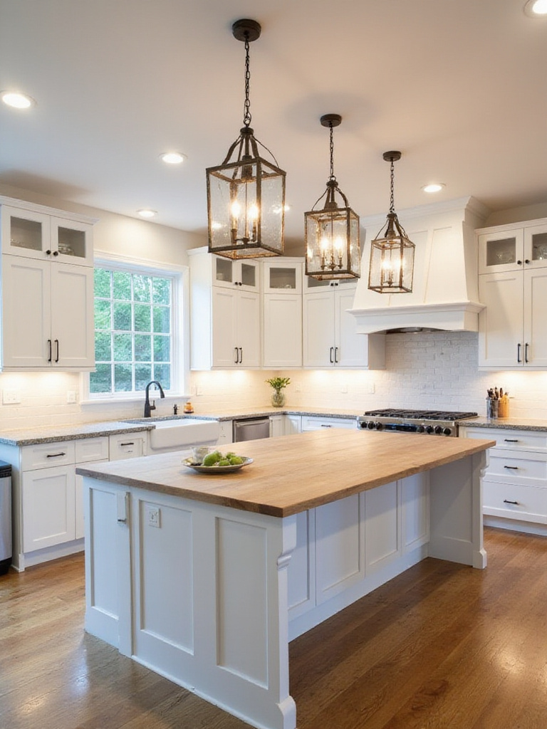 Rustic farmhouse kitchen with wrought iron lantern pendant lights over a kitchen island