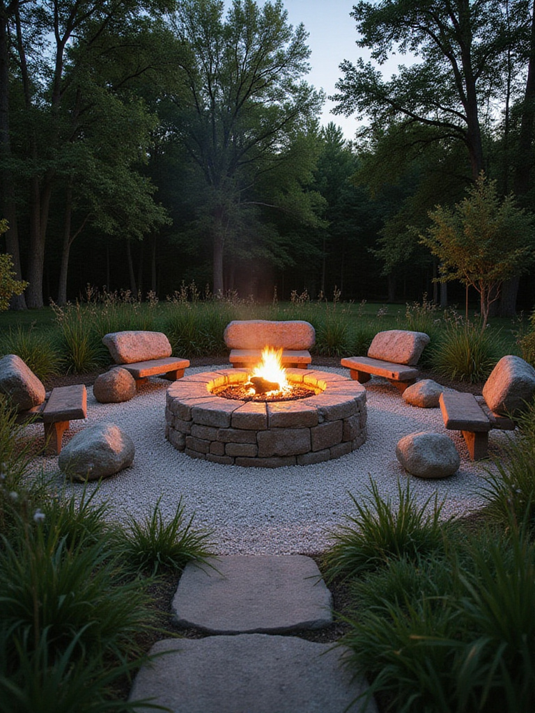 Rustic backyard fire pit made of natural stone with pea gravel seating area, log benches, and boulder seating, surrounded by native plants under evening light.