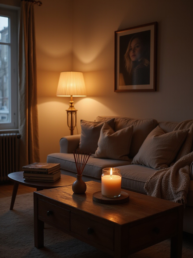 Cozy living room with warm lighting and a candle and reed diffuser for a relaxing atmosphere