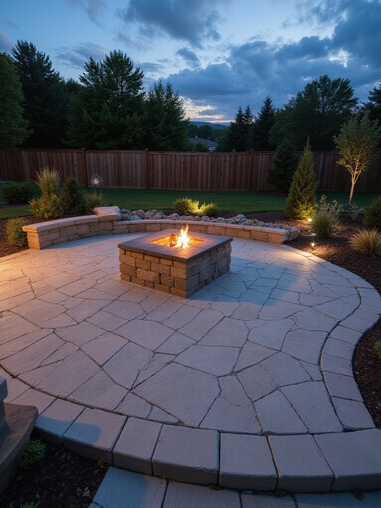 Integrated square concrete paver fire pit with a stone capstone built directly into a modern light-colored paver patio, glowing warmly at dusk.