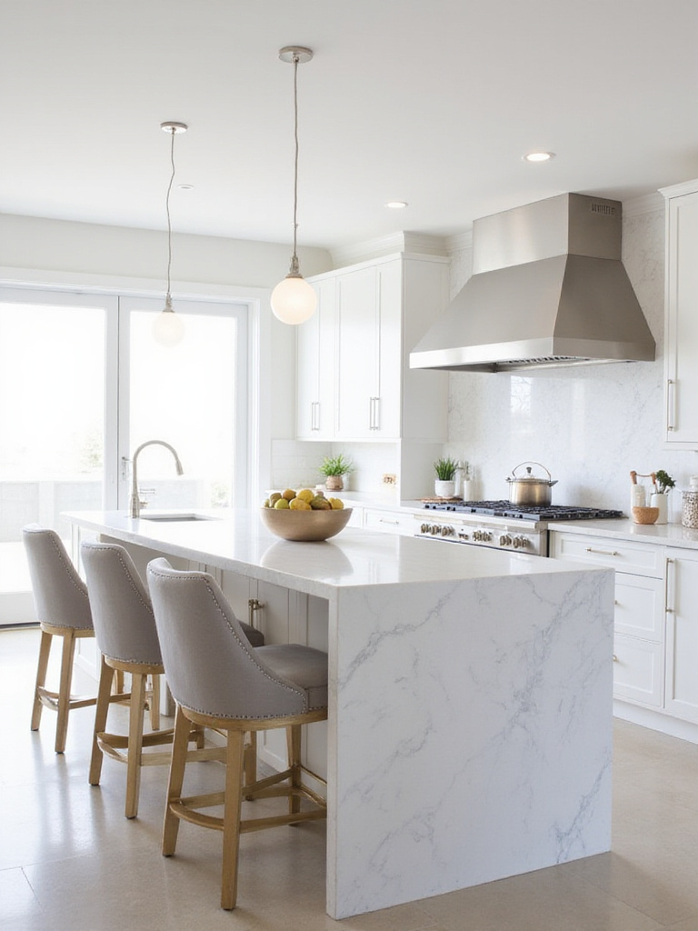 Stylish gray upholstered counter chairs at a white marble kitchen island.