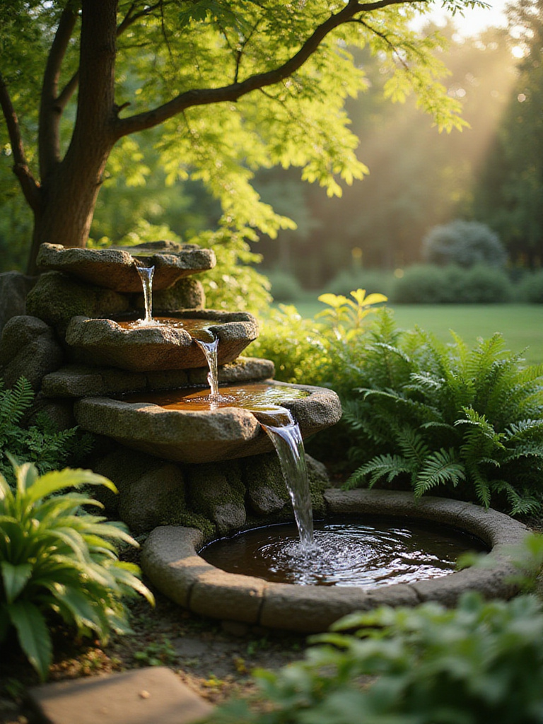 Serene garden with natural stone water fountain
