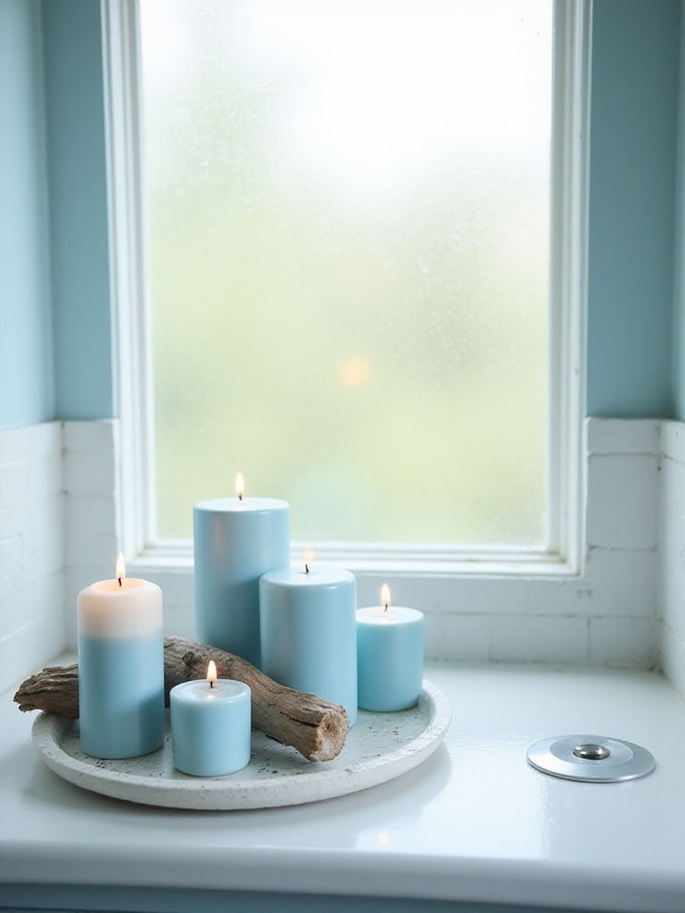 Blue scented candles and decorative candle holders creating a relaxing ambiance in a blue bathroom.