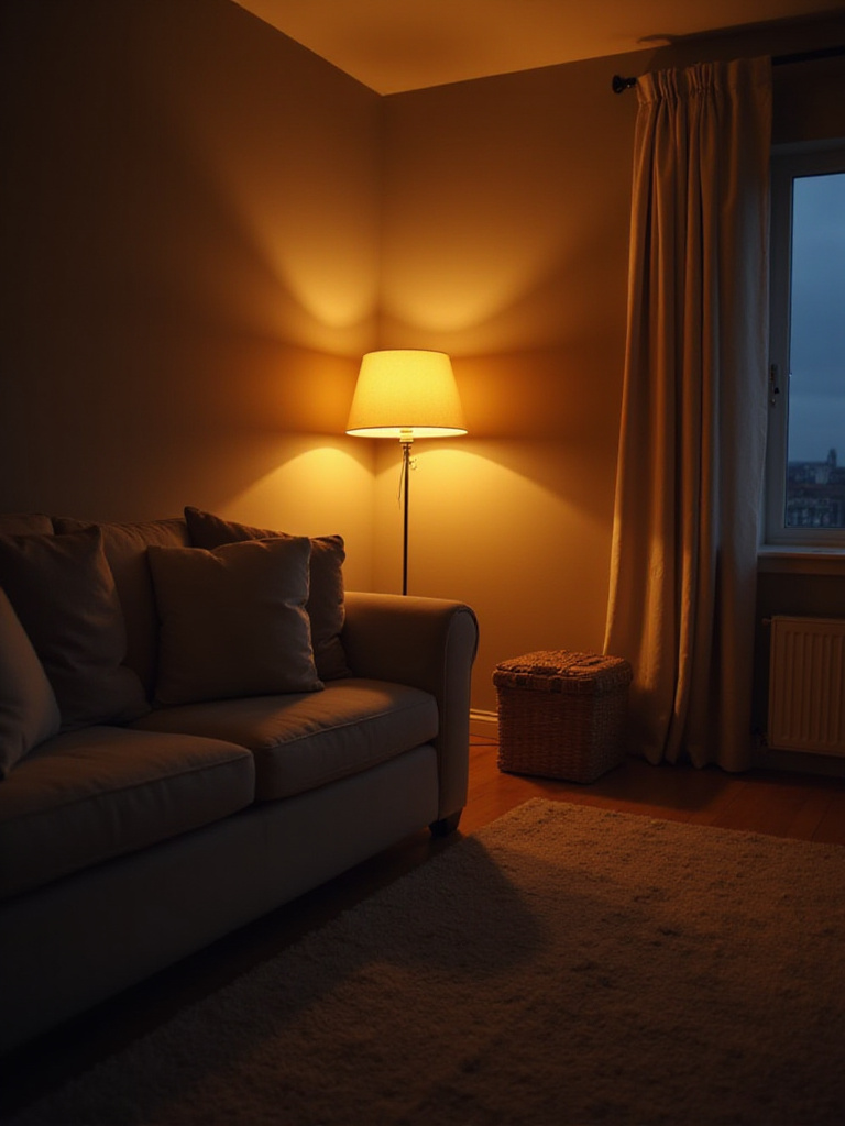 Cozy living room with dimmed lighting from lamps creating a warm and inviting atmosphere.