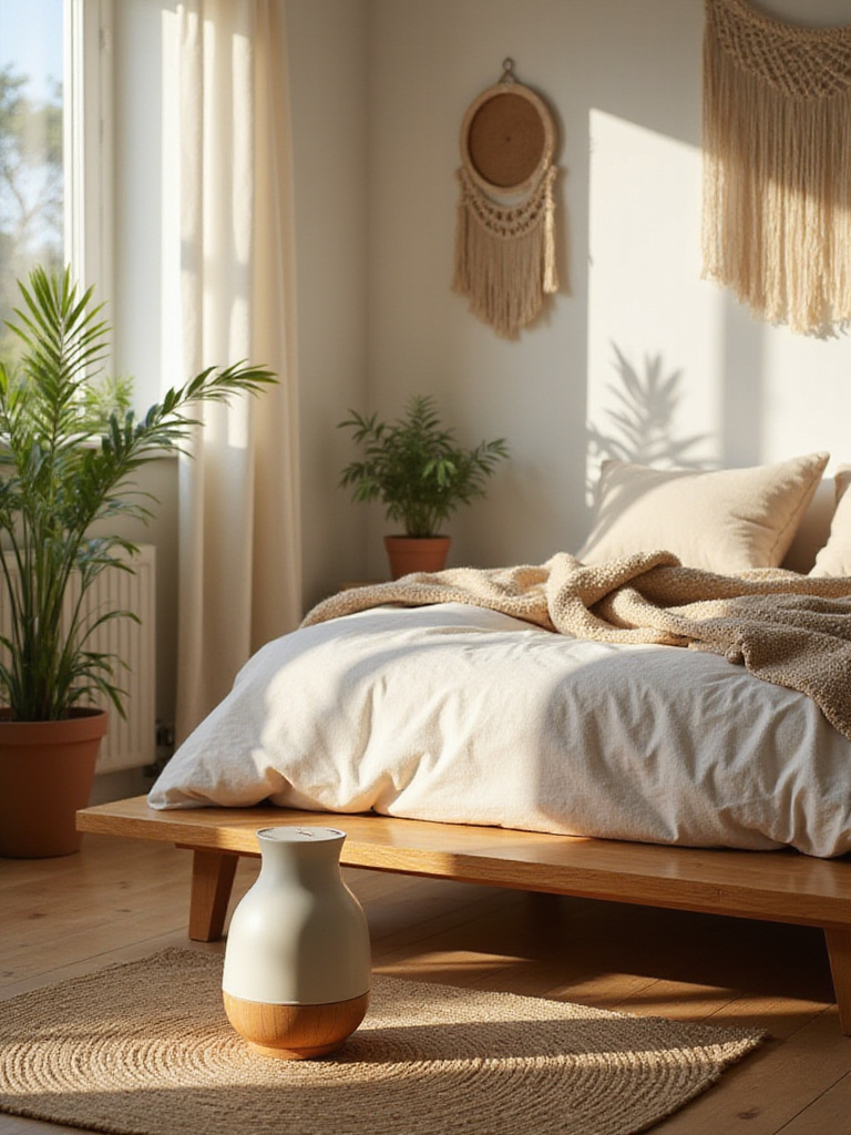 Boho bedroom with aromatherapy diffuser emitting vapor