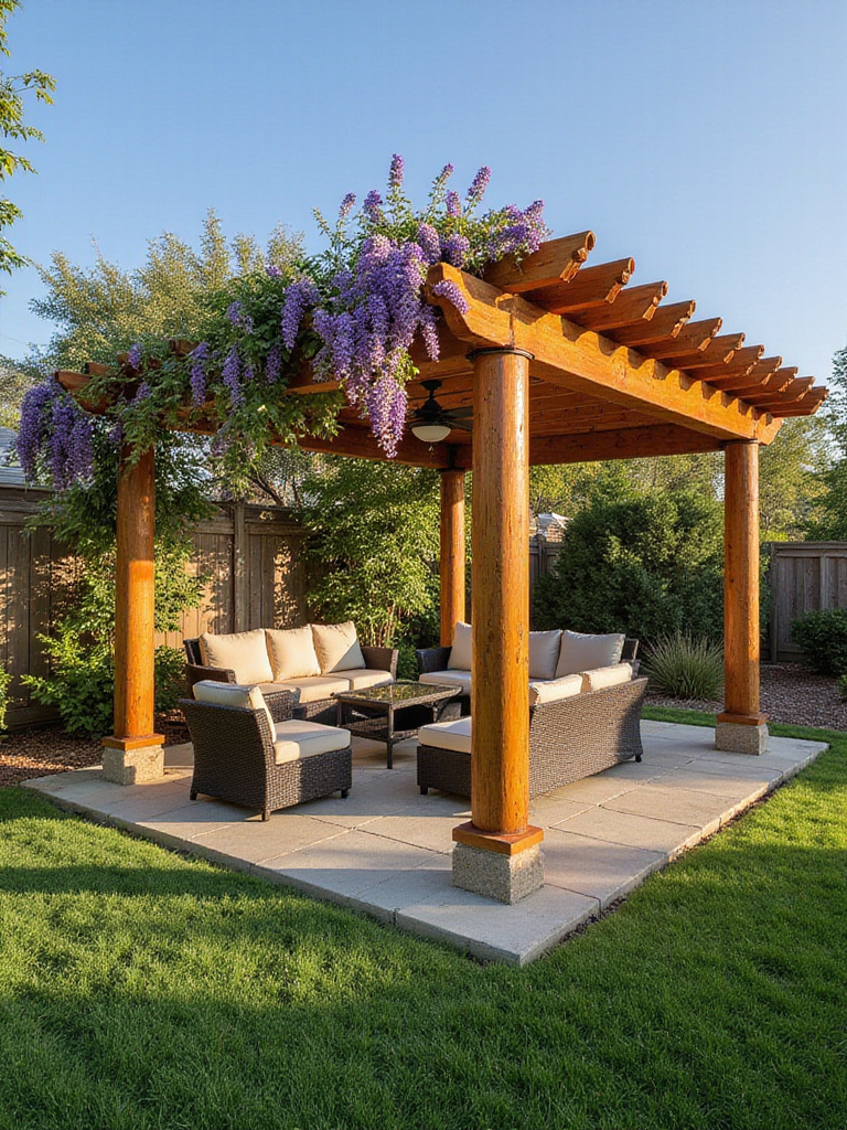 Cedar pergola with wisteria providing shade over a patio seating area.