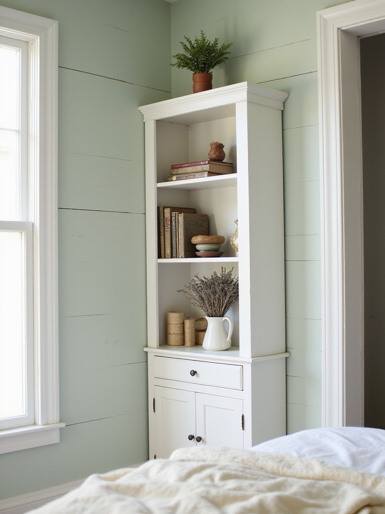 Farmhouse bedroom with white open shelving unit displaying vintage decor