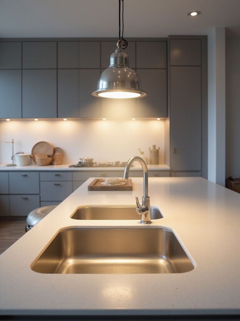 A modern kitchen sink area brightly illuminated by a pendant light fixture hanging directly overhead, providing essential task lighting.