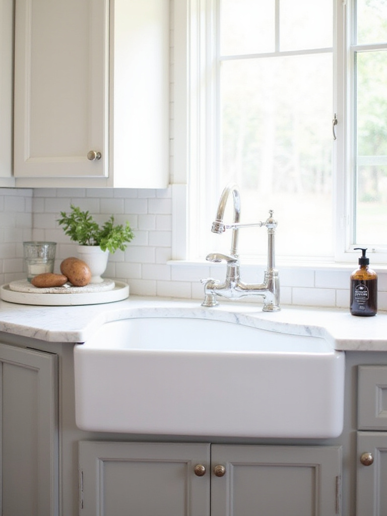 White farmhouse sink with chrome faucet in a modern kitchen.