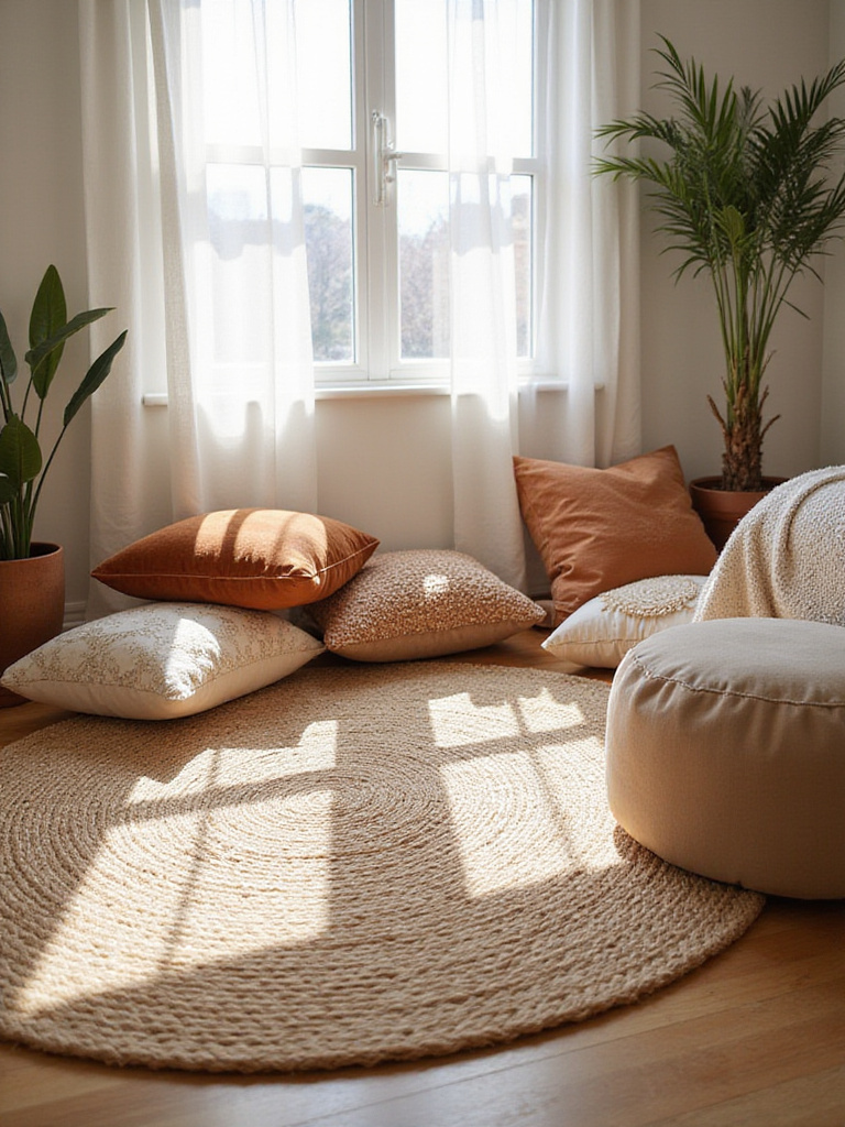 Boho bedroom with jute rug, plush floor cushions, and comfortable pouf.
