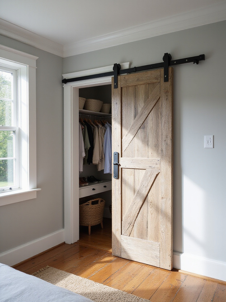 Farmhouse bedroom with rustic barn door leading to walk-in closet