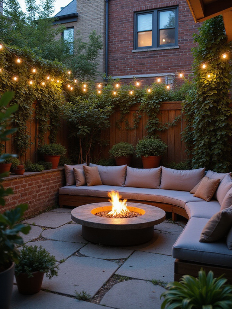 A small, cozy backyard patio with a modern fire pit and integrated seating. The space is decorated with potted plants and string lights, showing how to create an inviting outdoor area in a compact space.