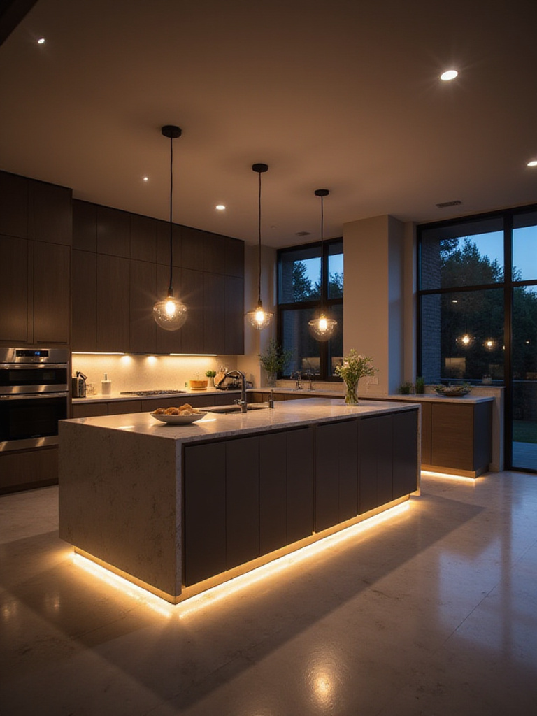 Modern kitchen interior featuring integrated smart lighting, with under-cabinet, island pendant, recessed, and toe kick lights creating distinct zones and ambiance.