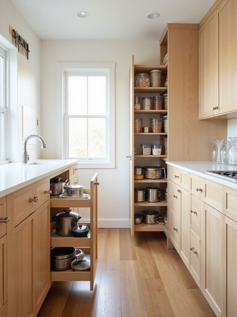 Modern kitchen with smart storage solutions including pull-out shelves, pantry organizers, and a magnetic knife strip.