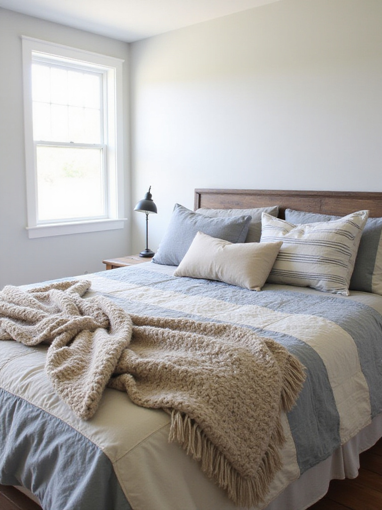 Farmhouse bedroom with layered quilts and chunky knit blanket on the bed.
