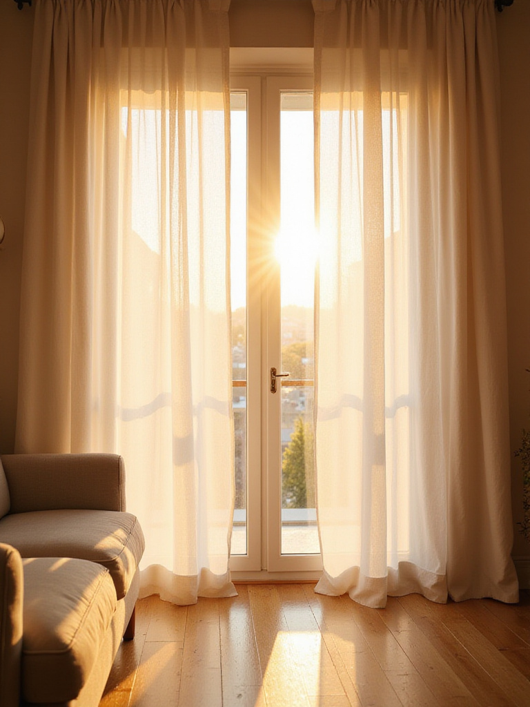 Living room bathed in soft light filtering through sheer linen curtains.