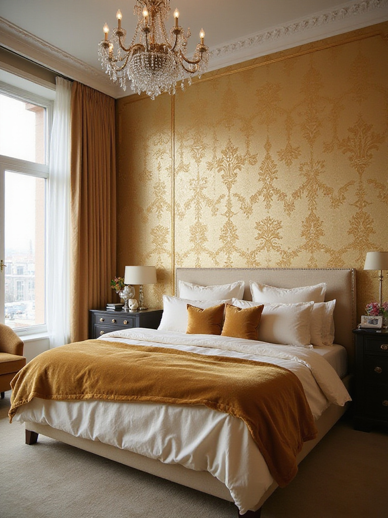 Glamorous bedroom with gold metallic damask wallpaper accent wall