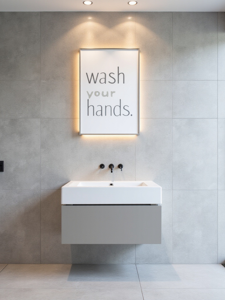 Modern bathroom with gray tile and a framed 'Wash Your Hands' typography print above the vanity.