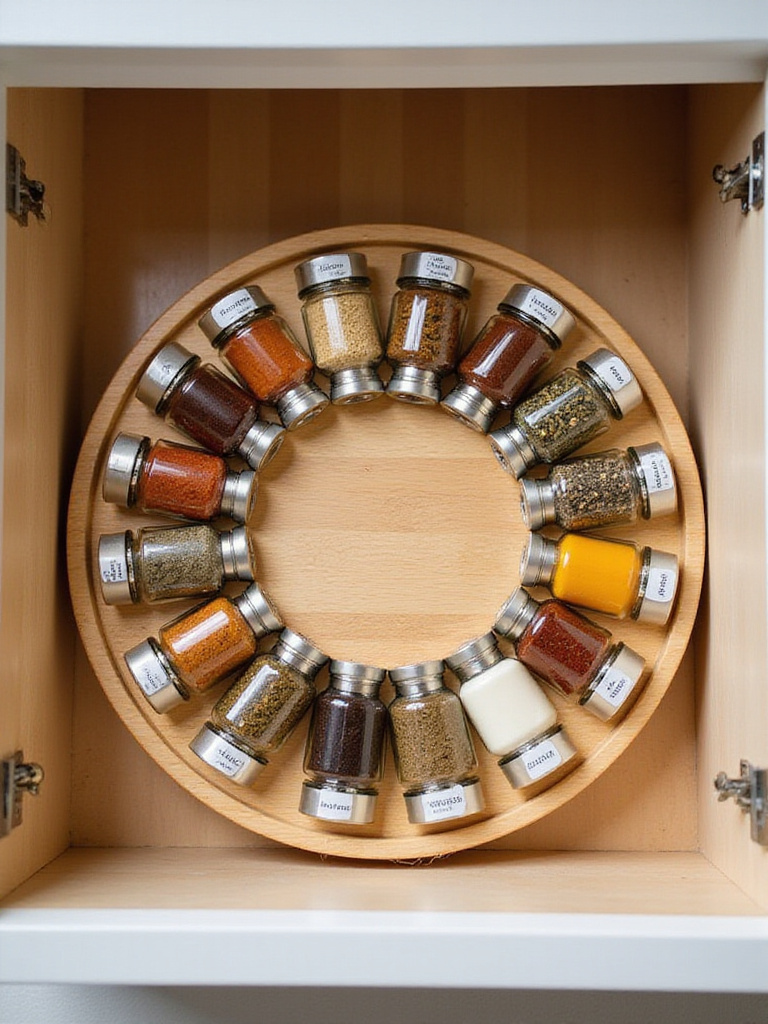 Lazy Susan organizing spices in a kitchen cabinet.