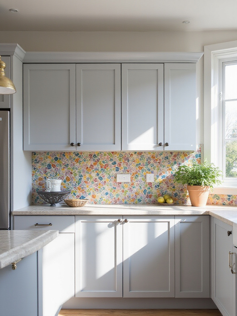 Modern kitchen with a bold and colorful geometric patterned backsplash