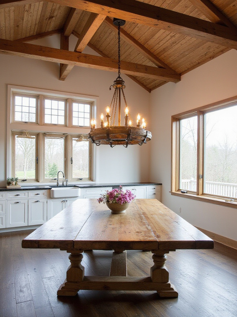 Farmhouse kitchen with reclaimed wood chandelier over dining table