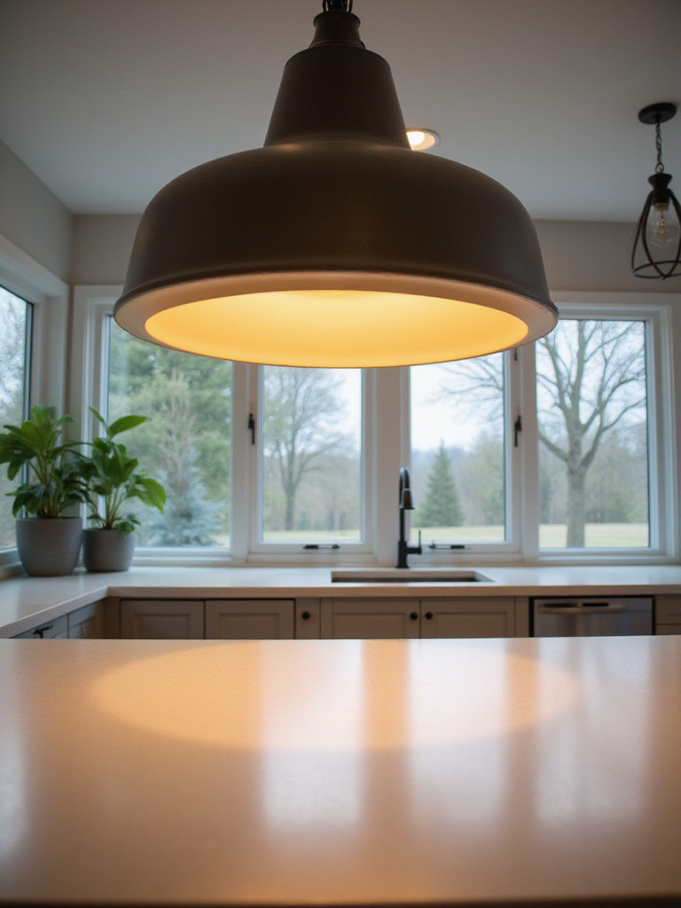 A modern kitchen featuring a unique, oversized pendant light fixture centered above a kitchen island.