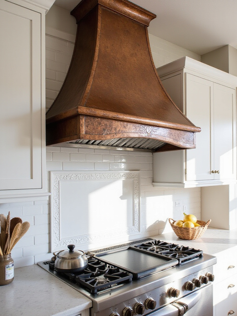 Stunning copper statement range hood in a modern farmhouse kitchen.