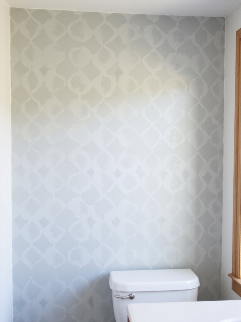 Bathroom wall with geometric stencil pattern in gray tones
