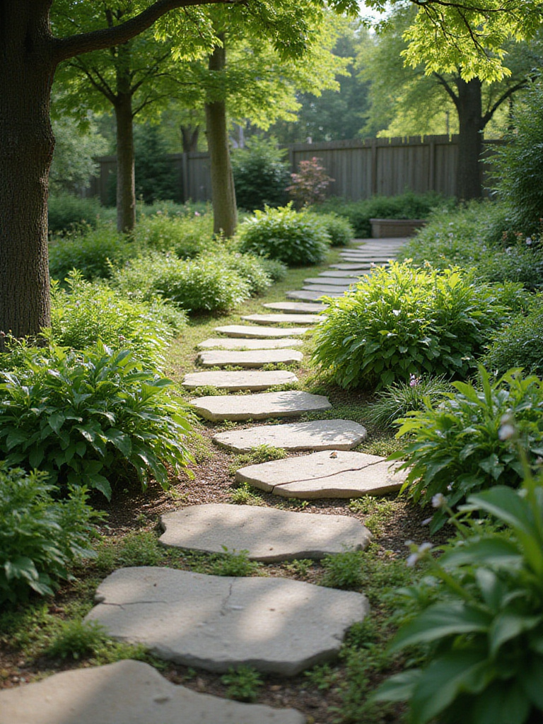 Winding garden path with flagstone stepping stones surrounded by groundcover.