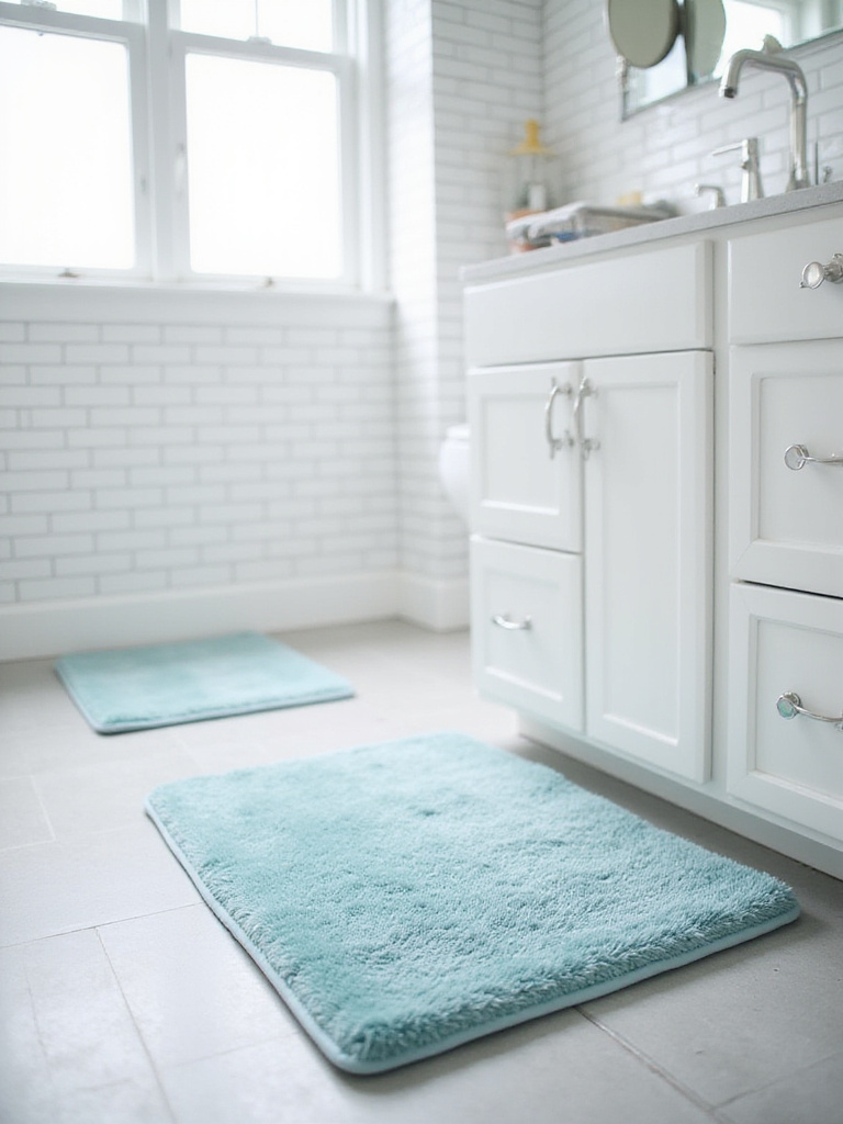 Powder blue bath mat on light gray bathroom floor
