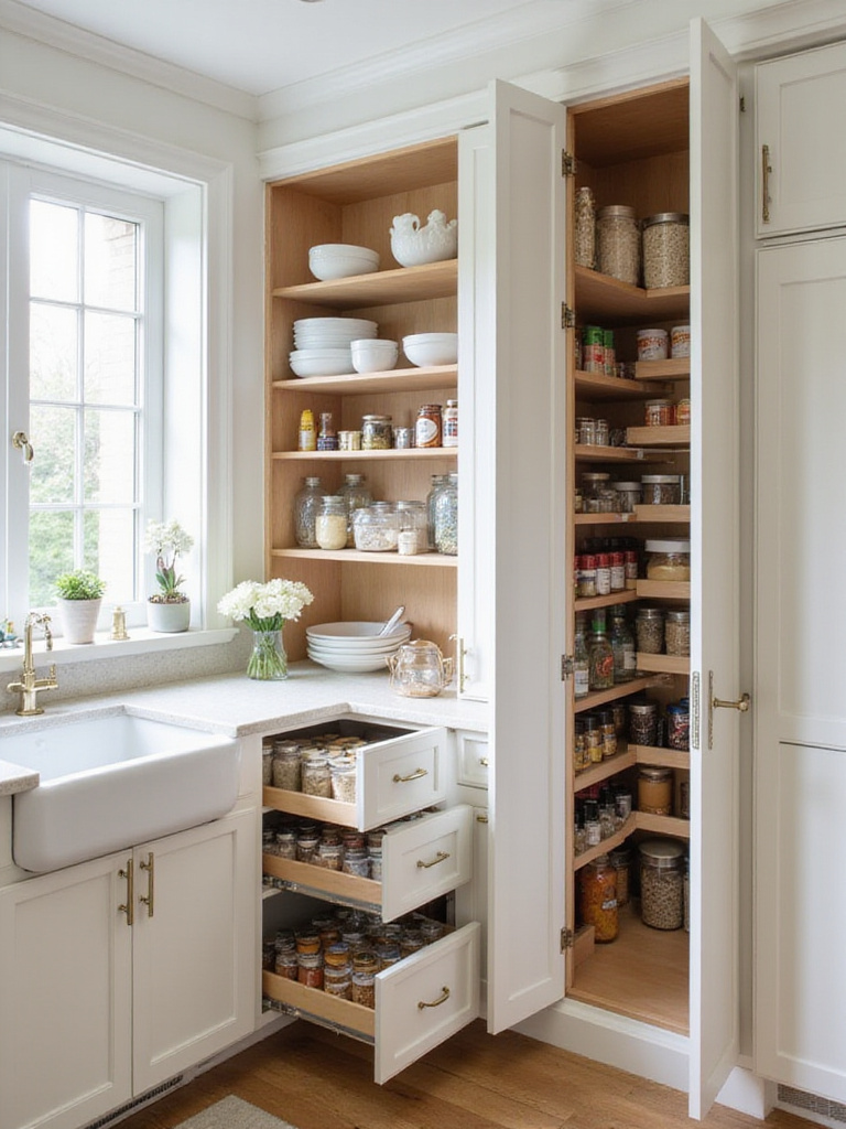 Modern kitchen with smart storage solutions including pull-out drawers, pantry organizers, and vertical storage.