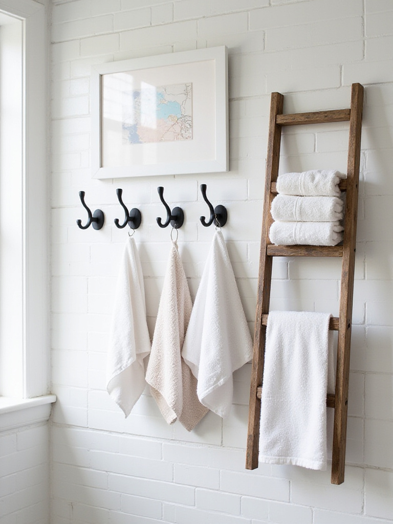 Stylish bathroom wall with ladder towel rack and decorative hooks for towel storage.