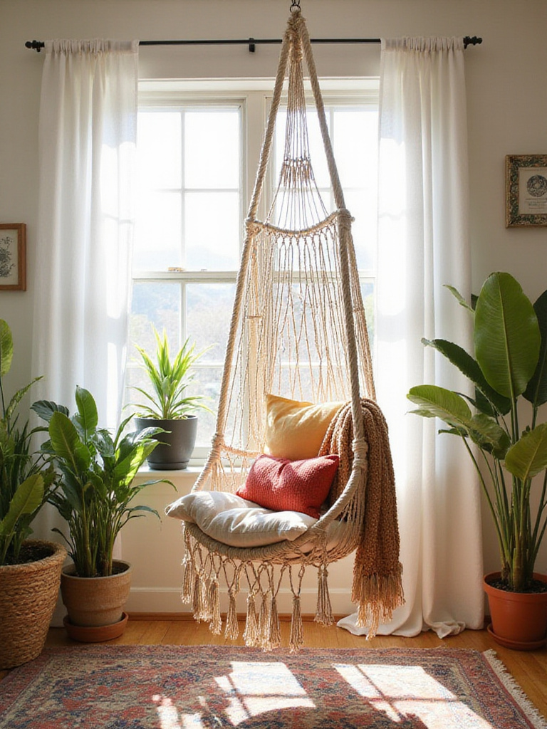 Boho bedroom with macrame hanging chair near window