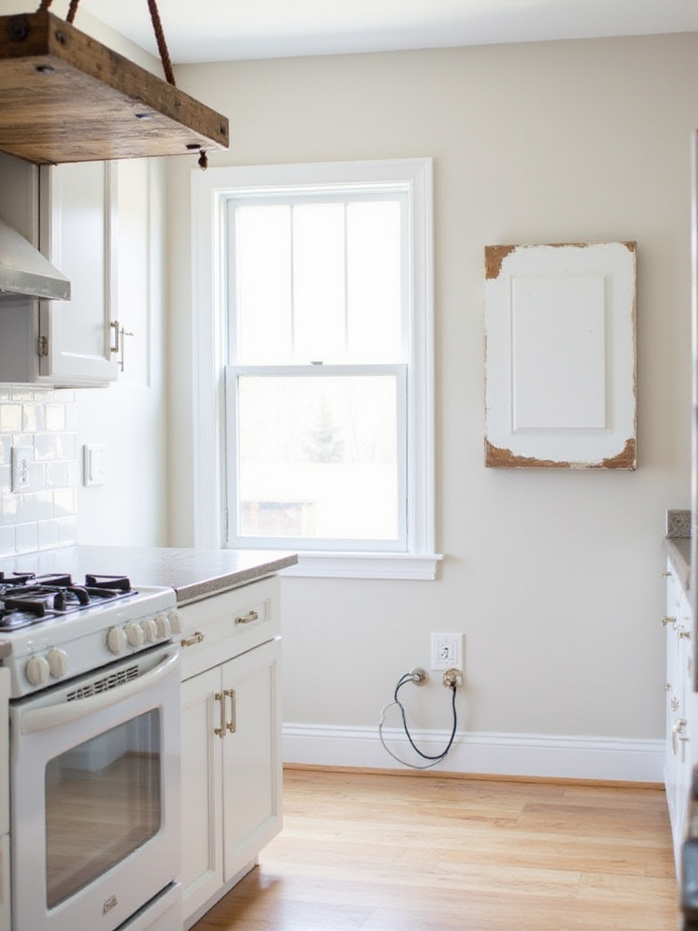 Bright kitchen showcasing DIY pot rack, repainted cabinet door, and homemade spice rack, illustrating budget-friendly kitchen design.