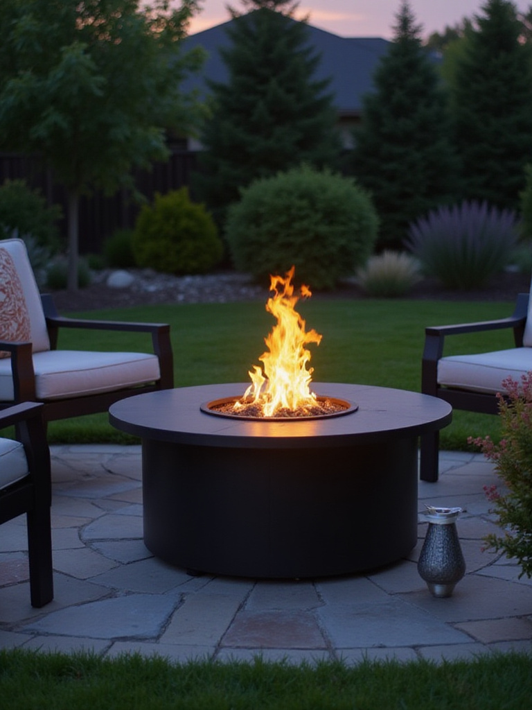 A portable propane fire pit with warm flames on a backyard stone patio at twilight, showcasing flexibility.
