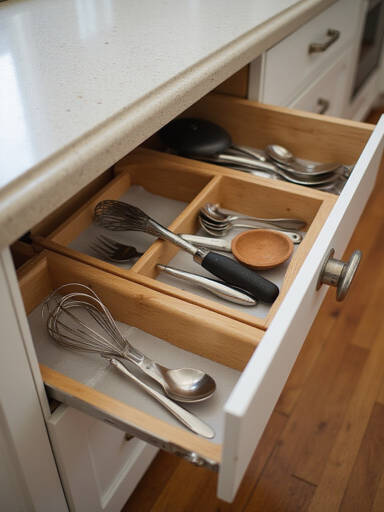 Organized kitchen drawer with bamboo dividers separating utensils