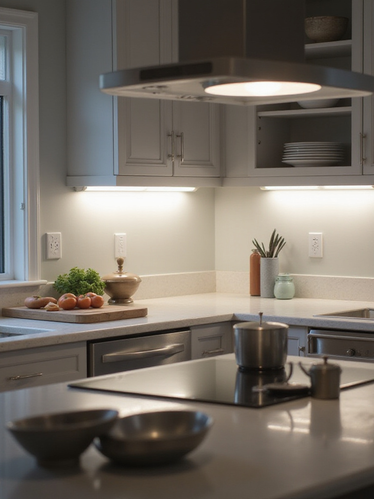 Modern kitchen showcasing bright under-cabinet lighting, pendant lights over an island, and stove lighting illuminating key work areas for cooking and prep.