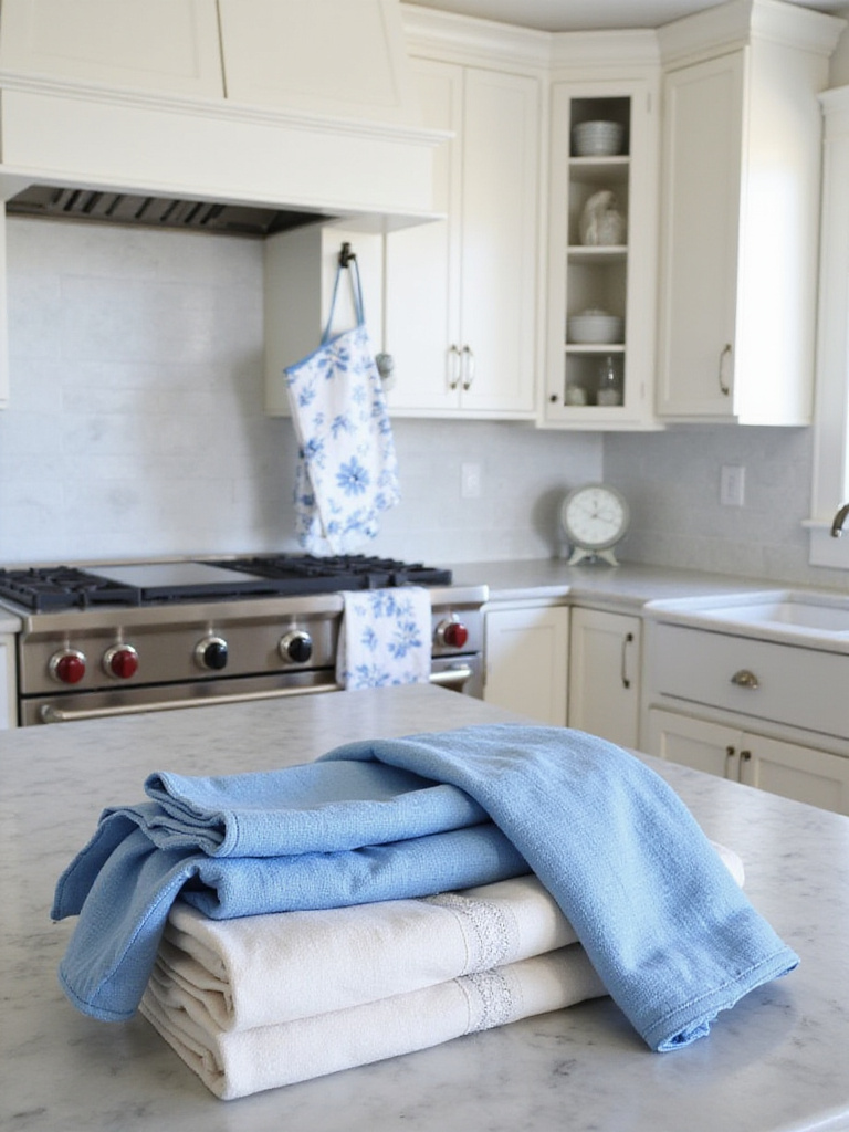 Coordinated blue dish towels, floral apron, and oven mitt in a modern kitchen