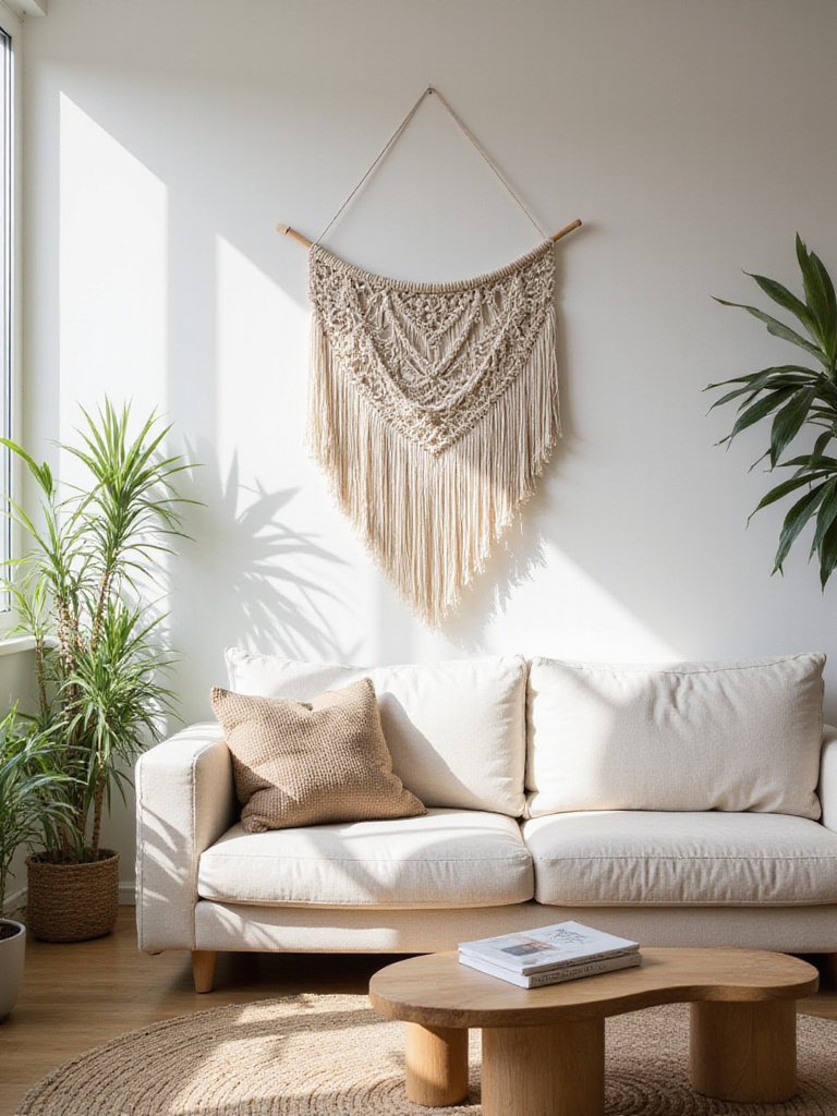 Cozy living room with macrame wall hanging above a linen sofa