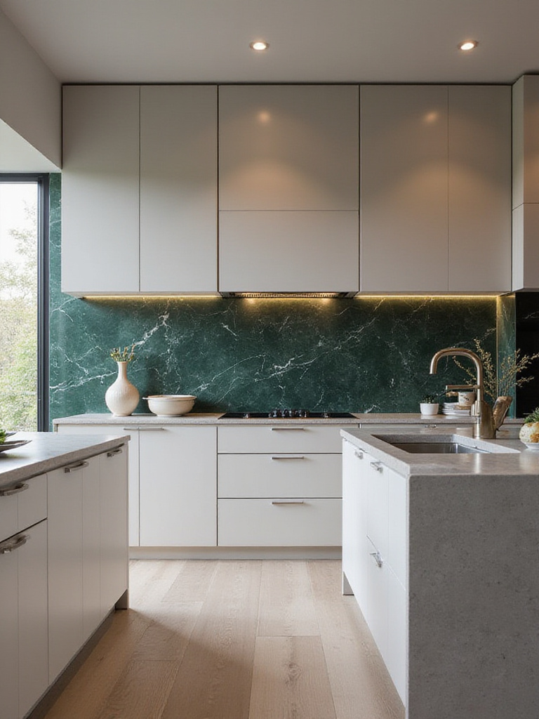 Modern kitchen design with statement marble backsplash