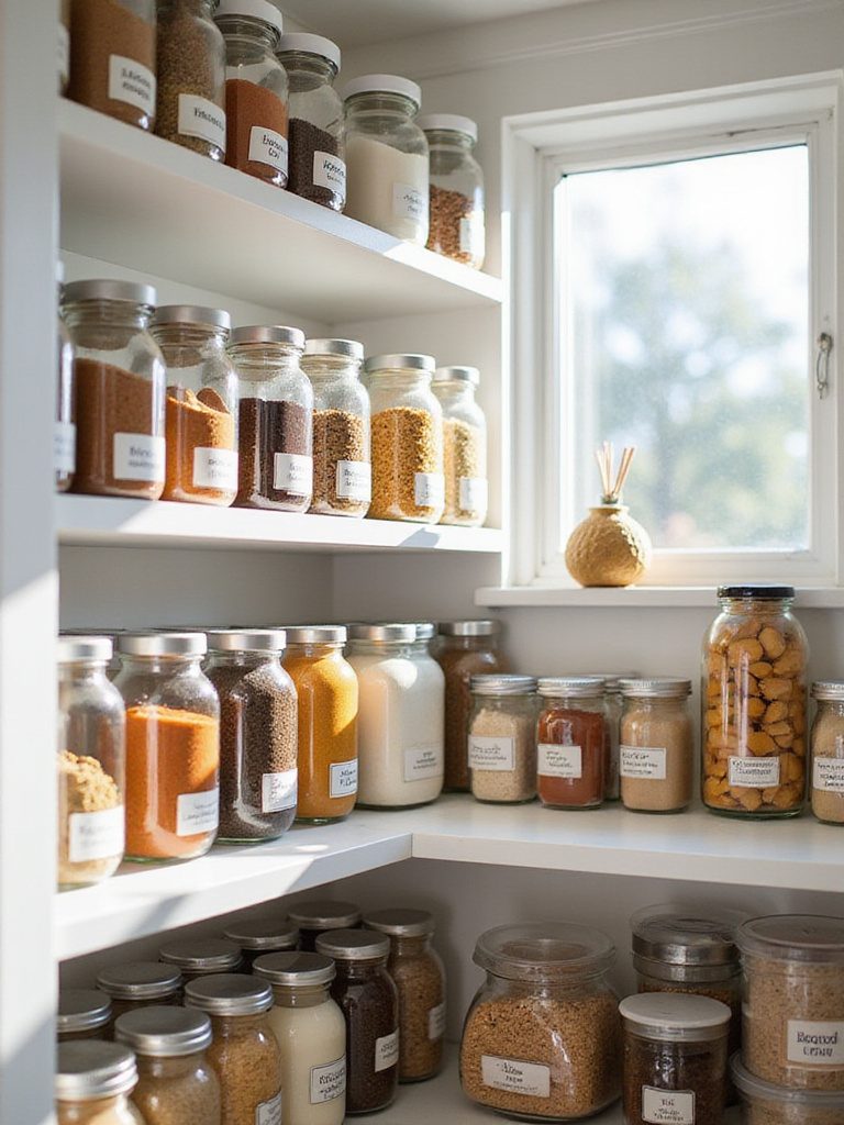 Well-organized pantry with clear containers and easy-to-read labels.