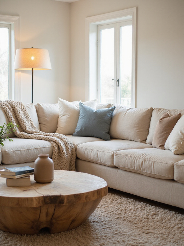 Cozy living room featuring a deep, sink-in sofa with plush pillows and a chunky knit throw.