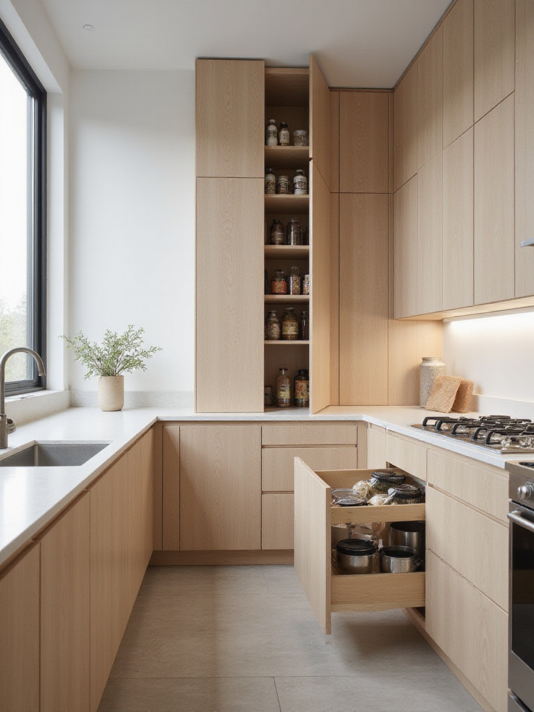 Modern kitchen with cleverly hidden storage solutions, including a pull-out pantry and toe-kick drawers.