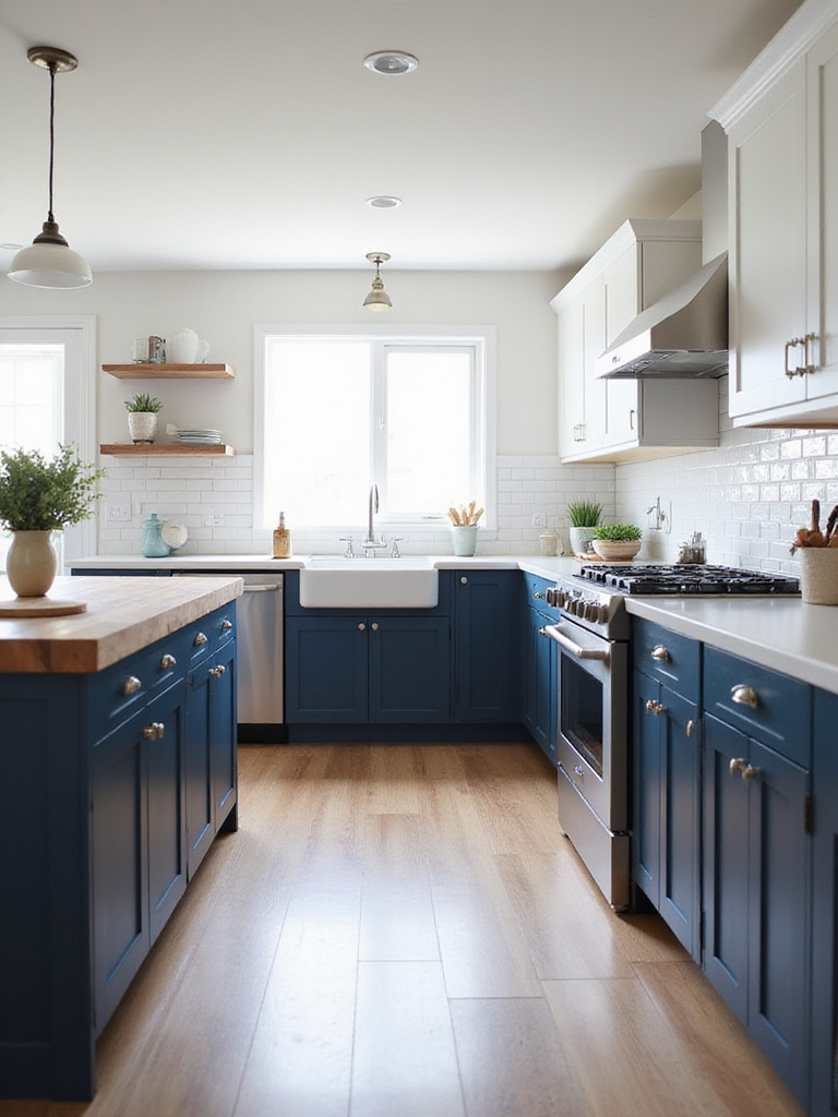 Modern kitchen with navy blue and white two-tone cabinets.
