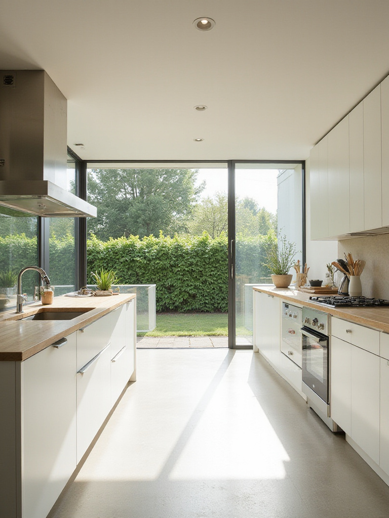 Bright modern kitchen with large windows and abundant natural light.