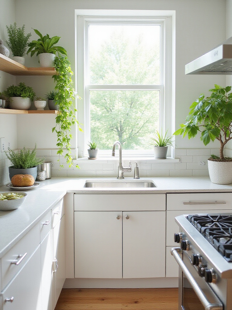 Modern kitchen with plants and herbs on shelves and windowsill