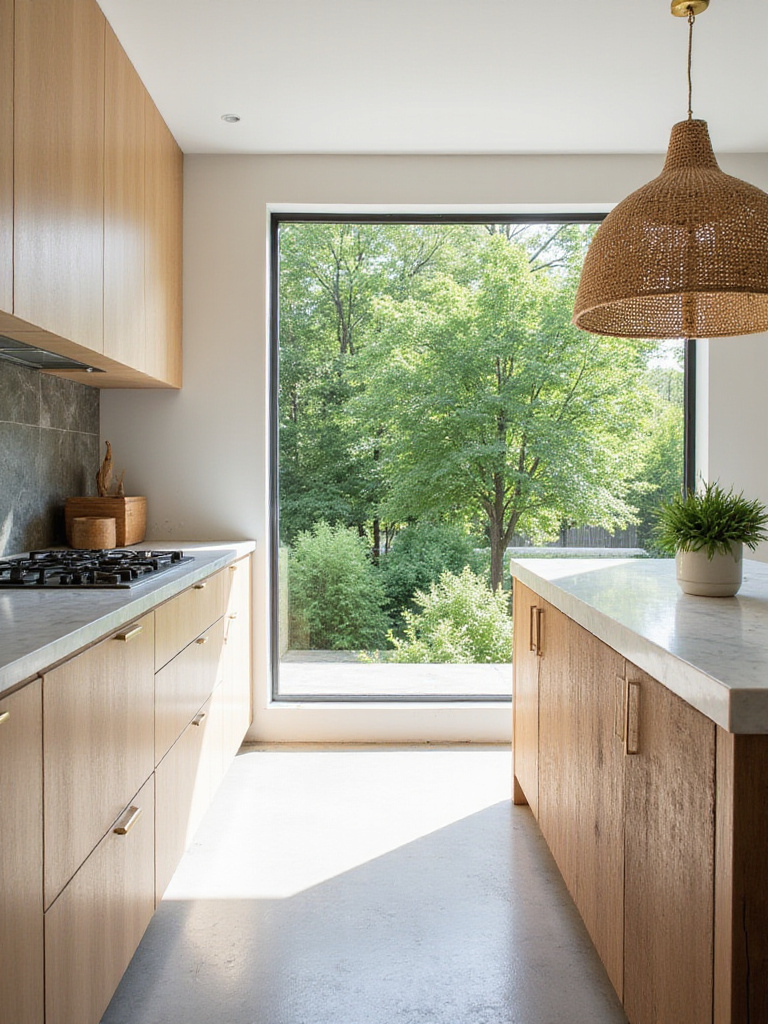 Modern kitchen featuring natural wood cabinets, marble countertop, and slate backsplash.