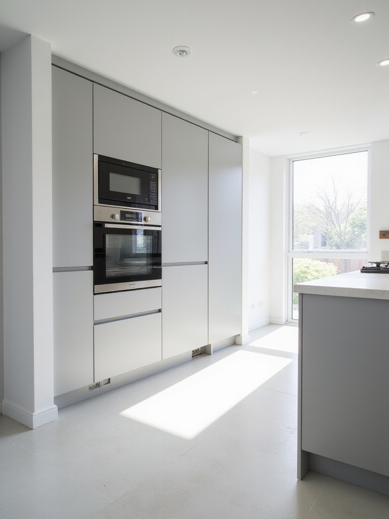 Modern kitchen with seamless built-in appliances and handleless cabinetry
