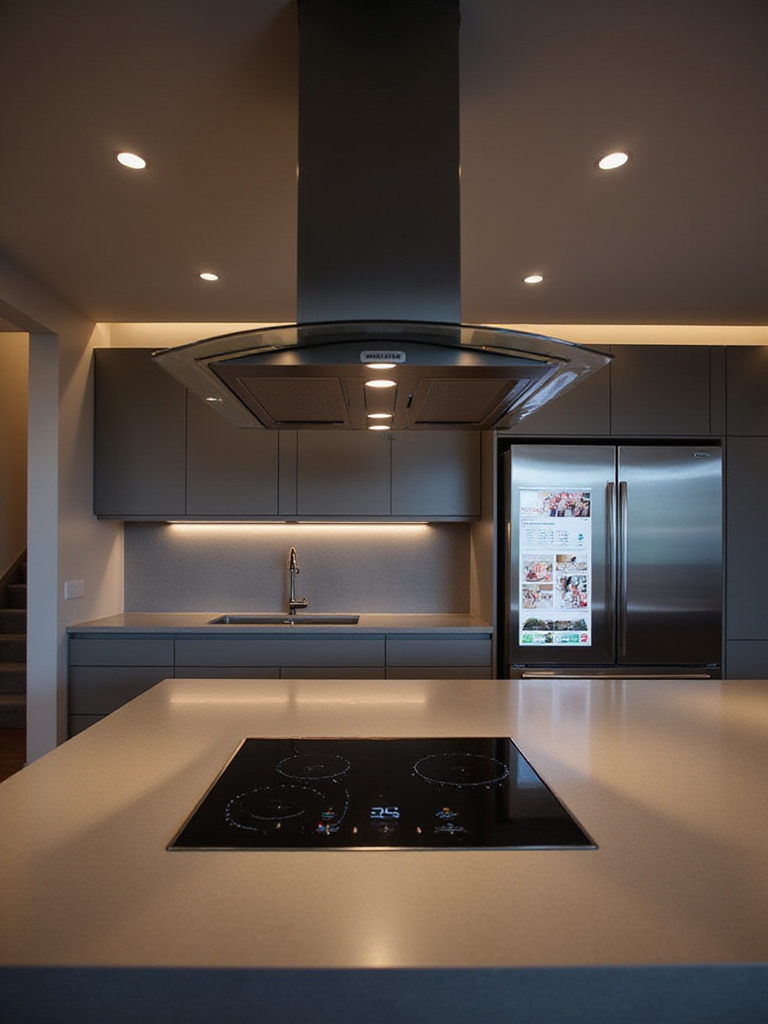 Modern kitchen featuring smart appliances like a smart cooktop and smart refrigerator.
