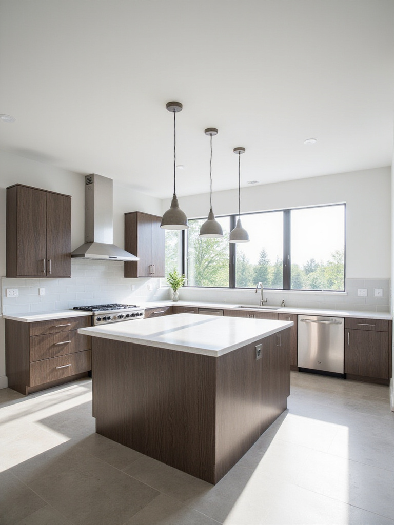 Modern kitchen with a large island featuring a waterfall countertop edge and pendant lighting.